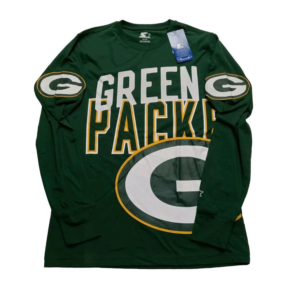STARTER Green Bay Packers Graphic T-Shirt Men's S Small‎ Green Clutch Hit LS Tee